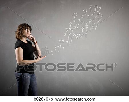 Stock Image - woman with a jar full of question marks. Fotosearch