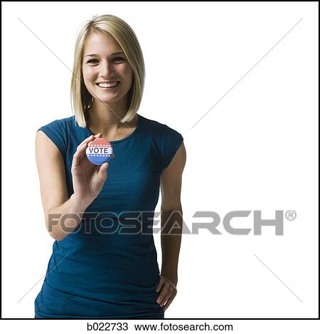 woman with a "vote" button View Large Photo Image Stock Image - woman with a "vote" button. Fotosearch