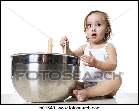 baby girl and a mixing bowl View Large Photo Image Stock Image - baby girl and a mixing bowl. Fotosearch