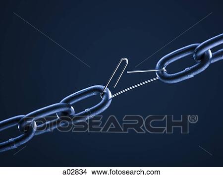 Chain linked with broken paper clip against blue background View Large Photo Image Picture - Chain linked with broken paper clip against blue background. Fotosearch
