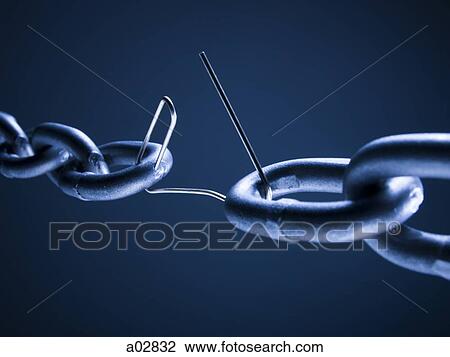 Chain linked with broken paper clip against blue background View Large Photo Image Stock Image - Chain linked with broken paper clip against blue background. Fotosearch
