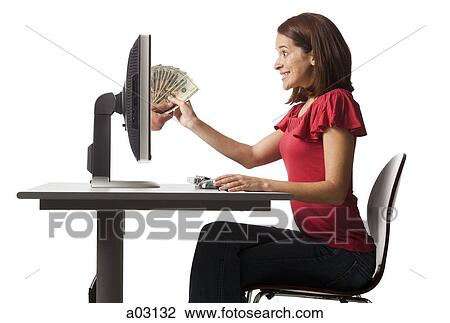 Conceptual picture of young woman receiving paper money out of her computer View Large Photo Image Stock Image - Conceptual picture of young woman receiving paper money out of her computer. Fotosearch