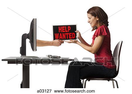 Stock Photo - Conceptual picture of young woman receiving help wanted sign out of her computer. Fotosearch