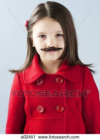 Girl (6-7) in red coat wearing fake mustache, portrait View Large Photo Image Stock Image - Girl (6-7) in red coat wearing fake mustache, portrait. Fotosearch