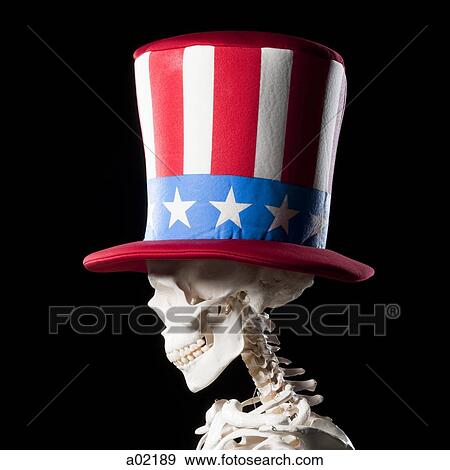 Human skeleton wearing Uncle Sam Hat against black background View Large Photo Image Stock Photo - Human skeleton wearing Uncle Sam Hat against black background. Fotosearch