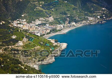 Italy, Amalfi Coast, High angle view on town at coastline View Large Photo Image Stock Image - Italy, Amalfi Coast, High angle view on town at coastline. Fotosearch