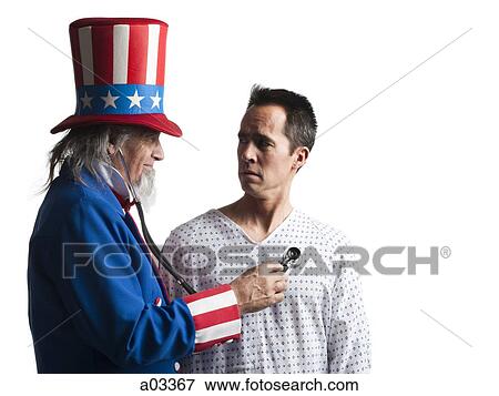 Man in Uncle Sam's costume as a doctor examining patient, studio shot View Large Photo Image Stock Photo - Man in Uncle Sam's costume as a doctor examining patient, studio shot. Fotosearch