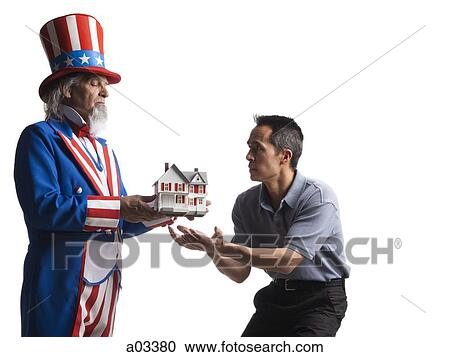 Man in Uncle Sam's costume giving model of house to other man, studio shot View Large Photo Image Stock Image - Man in Uncle Sam's costume giving model of house to other man, studio shot. Fotosearch