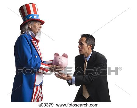 Man in Uncle Sam's costume giving piggybank to other man, studio shot View Large Photo Image Stock Photo - Man in Uncle Sam's costume giving piggybank to other man, studio shot. Fotosearch