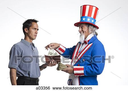Stock Photograph - Man in Uncle Sam's costume taking money from other man, studio shot. Fotosearch