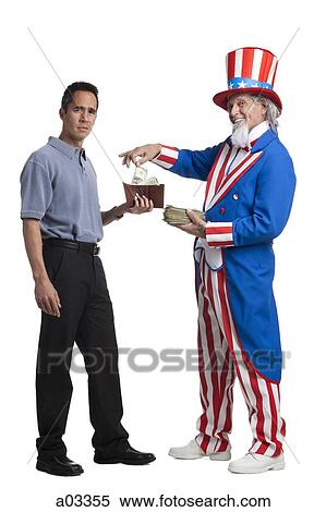Man in Uncle Sam's costume taking money from other man, studio shot View Large Photo Image Stock Photography - Man in Uncle Sam's costume taking money from other man, studio shot. Fotosearch