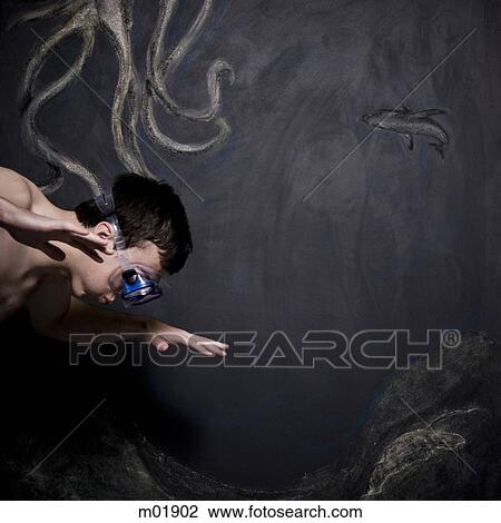 Stock Image - man pretending to be underwater. Fotosearch