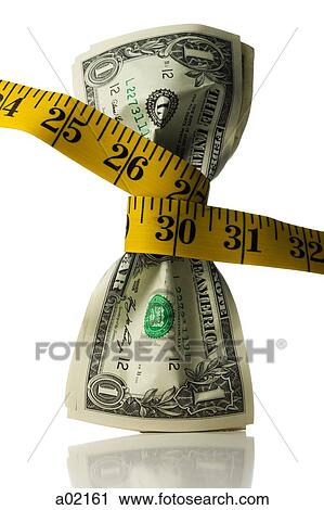 Stock Image - One dollar banknotes tied up with measuring tape against white background. Fotosearch