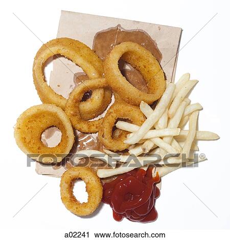 Onion rings and french fries with ketchup on paper bag, view from above, studio shot View Large Photo Image Stock Image - Onion rings and french fries with ketchup on paper bag, view from above, studio shot. Fotosearch