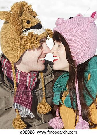 Orem, Utah, USA, boyfriend and girlfriend wearing funny knit hats touching with noses View Large Photo Image Stock Photo - Orem, Utah, USA, boyfriend and girlfriend wearing funny knit hats touching with noses. Fotosearch