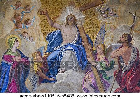Religious fresco depicting resurrection of Christ with Vorgin Mary and Saint John the Baptist View Large Photo Image Stock Photo - Religious fresco depicting resurrection of Christ with Vorgin Mary and Saint John the Baptist. Fotosearch