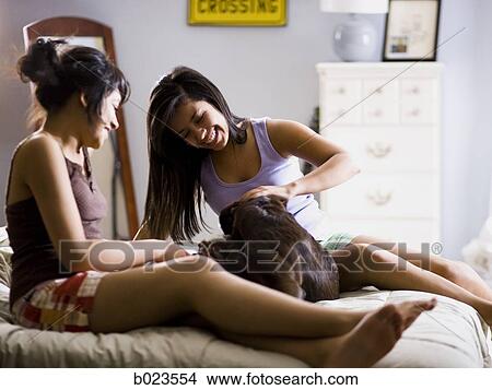 Picture - two girls and a dog on a bed. Fotosearch
