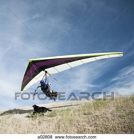 Stock Photo - USA, Utah, Lehi, man taking off in hang-glider. Fotosearch