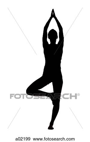 Stock Photo - USA, Utah, Orem, Silhouette of woman standing in tree pose against white background. Fotosearch