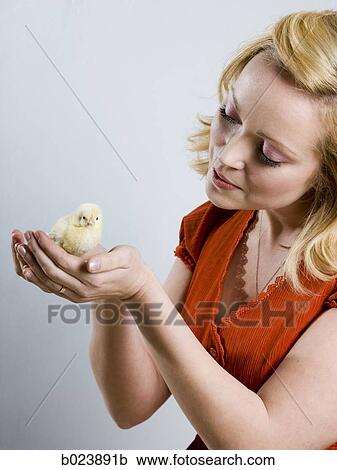 Stock Image - woman holding a baby chick. Fotosearch