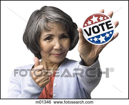 woman with a "vote" button View Large Photo Image Stock Photograph - woman with a "vote" button. Fotosearch