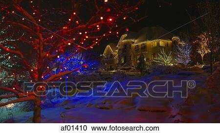 Christmas tree and house decorated with illuminated lights on snowy suburban hillside at night View Large Photo Image Stock Image - Christmas tree and house decorated with illuminated lights on snowy suburban hillside at night. Fotosearch