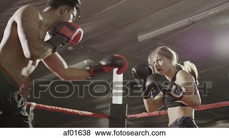 Close up of female boxer protecting her face standing in boxing ring during match View Large Photo Image Stock Photo - Close up of female boxer protecting her face standing in boxing ring during match. Fotosearch