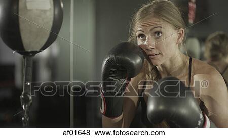 Close up of female boxer working out and training with punching ball in gym View Large Photo Image Stock Photo - Close up of female boxer working out and training with punching ball in gym. Fotosearch