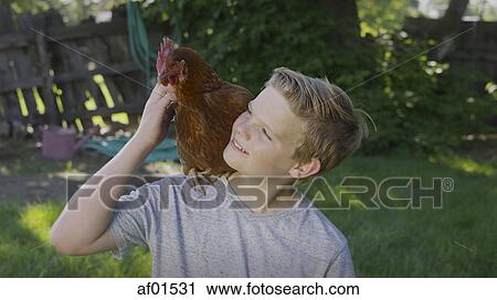Stock Image - High angle view of smiling boy petting rooster on shoulder in backyard. Fotosearch
