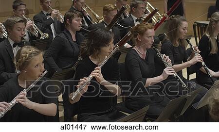 High angle view of student musicians playing flutes in orchestra recital View Large Photo Image Stock Photo - High angle view of student musicians playing flutes in orchestra recital. Fotosearch