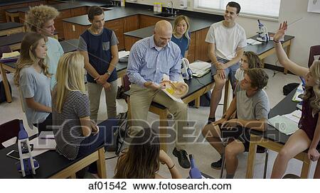 Stock Image - High angle view of teacher instructing students with diorama in science lab classroom. Fotosearch