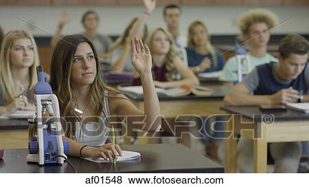 Inquisitive student raising hand to answer question in science lab classroom View Large Photo Image Stock Photo - Inquisitive student raising hand to answer question in science lab classroom. Fotosearch