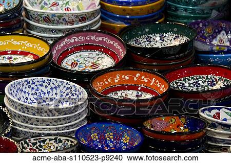 Turkey, Grand Baazar, Close up of colorful bowls in stacks View Large Photo Image Stock Image - Turkey, Grand Baazar, Close up of colorful bowls in stacks. Fotosearch