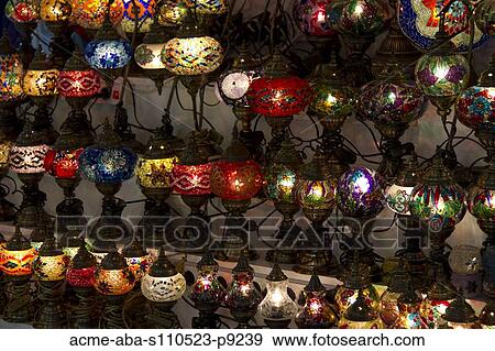 Stock Photo - Turkey, Grand Baazar, Close up of colorful lamps. Fotosearch