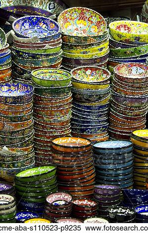 Turkey, Grand Baazar, Close up of colorful bowls in stacks View Large Photo Image Stock Photography - Turkey, Grand Baazar, Close up of colorful bowls in stacks. Fotosearch