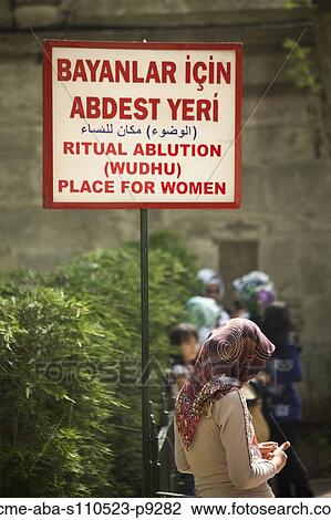 Stock Image - Turkey, Istanbul, Information sign in front of Blue Mosque. Fotosearch