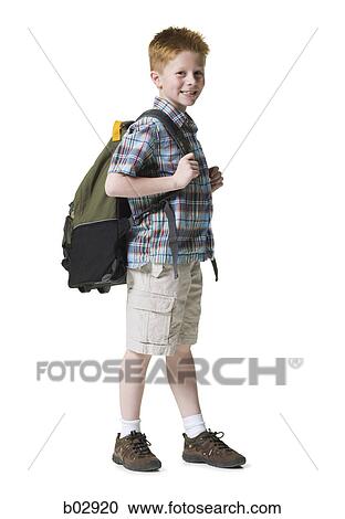 Stock Image - Portrait of a boy with a backpack. Fotosearch