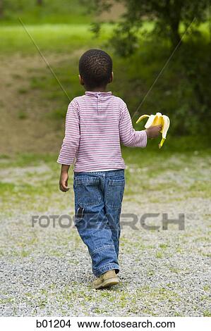 Rear view of a boy holding a banana and walking View Large Photo Image Picture - Rear view of a boy holding a banana and walking. Fotosearch