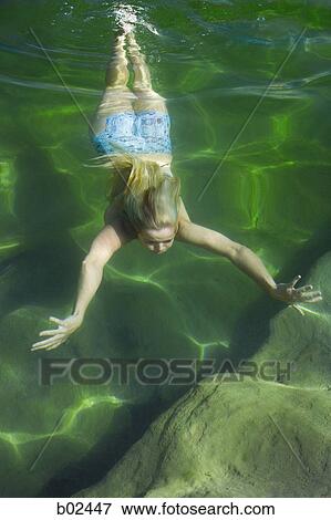 Stock Photo - High angle view of a young woman swimming. Fotosearch