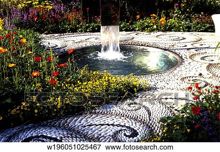 Brightly Coloured, Summer, Spring, Water Feature, Series, Plants, Patterned Path View Large Photo Image Stock Photo - Brightly Coloured, Summer, Spring, Water Feature, Series, Plants, Patterned Path. Fotosearch