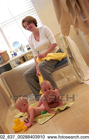 Stock Image - Child, Twins, Bath, Bathing, Baby. Fotosearch