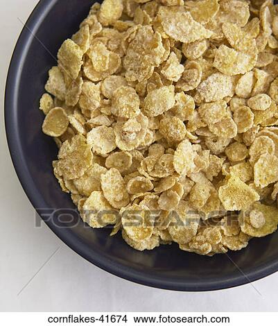 Picture - Food, Breakfast, Dry, Corn Flakes, Cereal, Black Bowl. Fotosearch