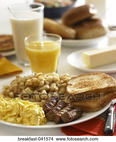 Food, Breakfast, Fresh, Orange Juice, Milk, Sausage, Scrambled Eggs View Large Photo Image Picture - Food, Breakfast, Fresh, Orange Juice, Milk, Sausage, Scrambled Eggs. Fotosearch