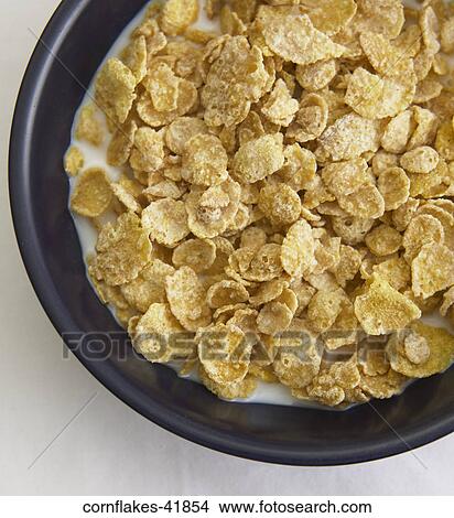 Picture - Food, Cereal, Breakfast, Corn Flakes, Milk, Black Bowl. Fotosearch