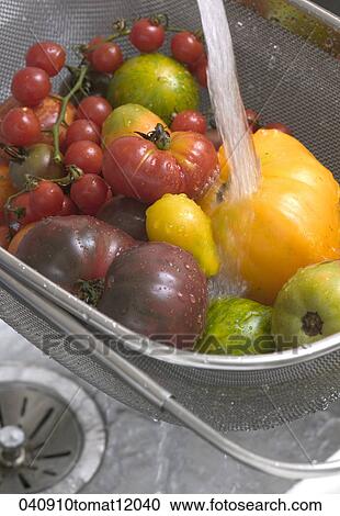 Stock Image - Food, Still Life, Fruit, Vegetables, Wash, Washing, Sink. Fotosearch