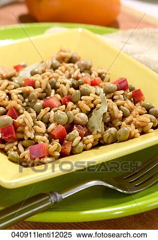 Stock Photography - Lentil Pepper Salad, Still Life, Food, Fork, Plate, Platter, Rice. Fotosearch