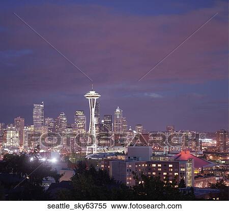 Night, Evening, Skyline, Seattle, City, Downtown, View View Large Photo Image Stock Photography - Night, Evening, Skyline, Seattle, City, Downtown, View. Fotosearch