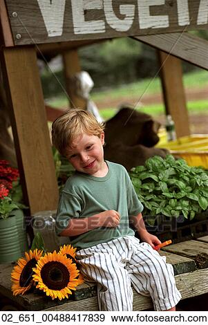Outside, Child, Boy, Sunflower, Vegetable Stand, Sitting View Large Photo Image Stock Photo - Outside, Child, Boy, Sunflower, Vegetable Stand, Sitting. Fotosearch