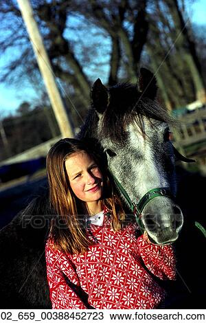 Stock Image - Outside, Child, Girl, Horse, Farm, Dude Ranch. Fotosearch