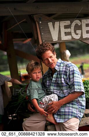 Stock Photo - Outside, Father, Spring, Boy, Child, Vegetable Stand. Fotosearch